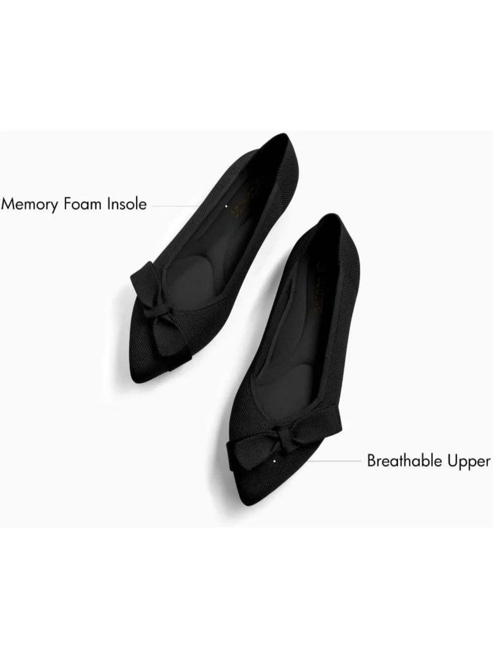 Coutgo Women's Black Rubber Knit Bow Pointed Toe Flats Breathable Slip On Shoes